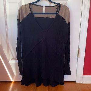 Black flowy waffle long sleeve with faux suede top